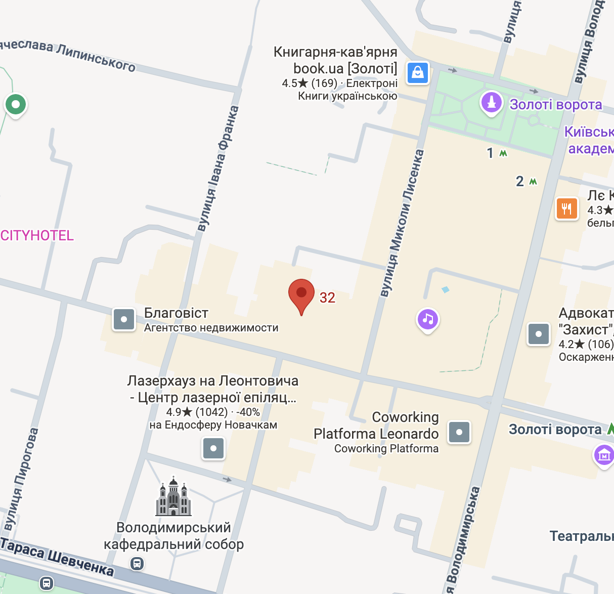 Розташування вул. Богдана Хмельницького, 32 на карті Києва
